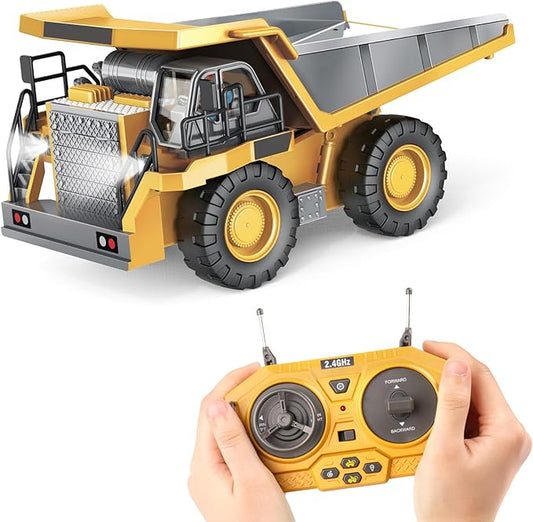 Kids' RC Dump Truck Toy - Remote Control Construction Truck with Metal Bed, Lights & Sounds, for Boys Ages 6-10 Years and Up