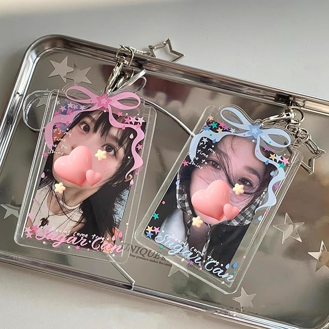Blue Bow Acrylic Kpop Photocard Holder with Metal Keychain, Fits Standard 3-Inch Kpop Cards, Portable ID Badge Holder for Collectible Cards, Personal or Fan Gift Accessory