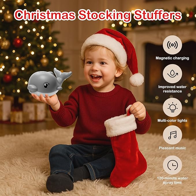 Bath Toys, Light Up Dolphin Baby Bath Toys for Babies 6-12 12-18 Months, Rechargeable Sprinkler Musical Toys, Easter Basket Stuffers Bathtub Toys for Toddlers 1-3 2-4 Boys Girls Infant Kids- Grey