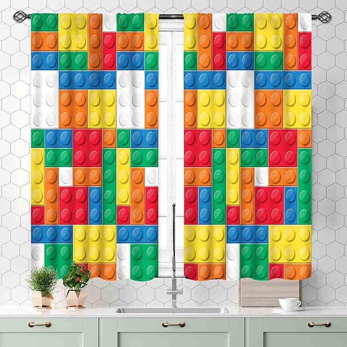 Boys Curtains for Bedroom Building Blocks Curtains, Colorful Plastic Block Building Constructor Brick Blackout Window Treatments for Boys Kids Girl Baby Room Living Room Nursery, 55x39 Inch