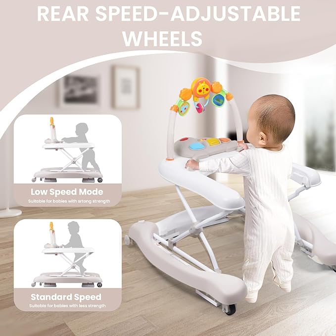 Baby Walker, 5-in-1 Baby Walkers for Boys and Girls 6-12 Months with Bouncer, Removable Footrest, Feeding Tray & Music, Foldable & Adjustable Activity Walker for 6-18 Months Toddler Infant