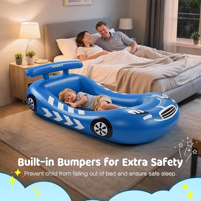 Lewondr Inflatable Kids Bed, Racecar Toddler Air Mattress with Safety Bumpers, Toddler Blow up Mattress with Hand Pump, Portable Toddler Travel Bed for Camping, Sleepovers, Vacation & Home, Blue