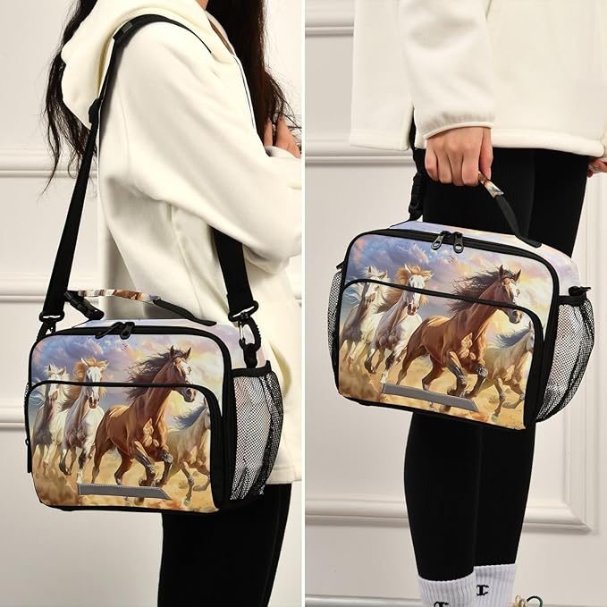 ALAZA Horses Kids Lunch Box Lunchbox Insulated Reusable Meal Container Lunch Bag with Shoulder Strap for School Girls Boys