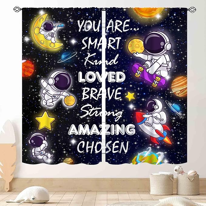 Kids Space Curtains for Boys Room, Cartoon Universe Galaxy Space Planet Astronaut Inspirational Quotes Learning Kids Window Drapery Treatments for Bedroom Living Room Nursery 2 Panels, 42"x54" Inch
