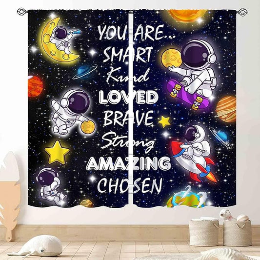 Kids Space Curtains for Boys Room, Cartoon Universe Galaxy Space Planet Astronaut Inspirational Quotes Learning Kids Window Drapery Treatments for Bedroom Living Room Nursery 2 Panels, 42"x54" Inch
