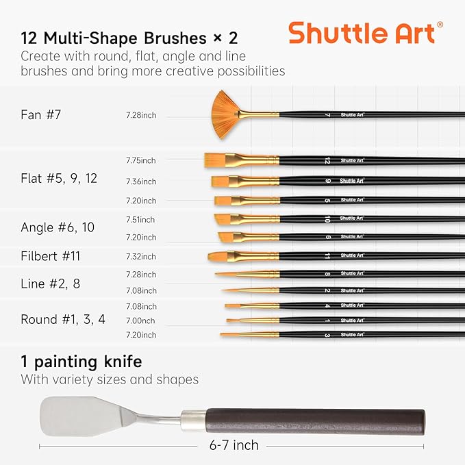 Shuttle Art 100 Colors Acrylic Paint, 2oz/60ml Bottles, Include 2 Sets of 12 Paint Brushes, 1 Art Sponge & Palette, Premium for Artists, Beginners & Kids on Canvas Rocks Wood Ceramic