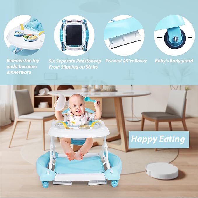 Baby Walker, 5-in-1 Baby Walkers for Boys and Girls 6-12 Months with Bouncer, Removable Footrest, Feeding Tray & Music, Foldable & Adjustable Activity Walker for 6-18 Months Toddler Infant