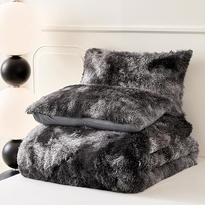 PERFEMET Dark Grey Plush Shaggy Comforter Set Twin Size 3 Piece Fluffy Faux Fur Tie Dye Bedding Sets Ultra Soft Long Hair Velvet Fuzzy Bedding for Boys Girls(Dark Grey, Twin)