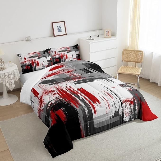 Feelyou Abstract Comforter Modern Abstract Art Comforter Set for Boys Girls Children Red Grey Black Pattern Bedding Set Room Decor Toddler Size Duvet Set 2Pcs