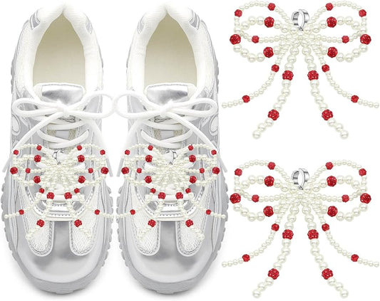 DELELE Pearl Bowknot Shoe Charms: Pearls Bow Sneakers Decorations for Women 2Pcs