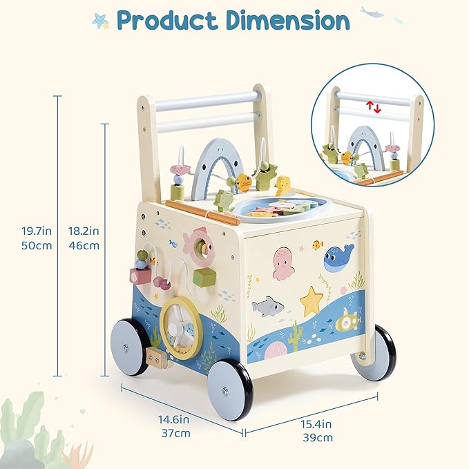 ROBOTIME Wooden Baby Walking Toy, Montessori Baby Walker Push Toy with Adjustable Height & Speed, Activity Center Baby Push Toy with Music, Fishing Game & Storage for Toddler 10M+ (Ocean World Theme)