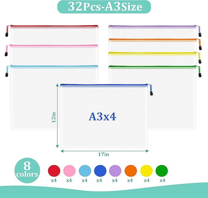Mesh 32pcs Zipper Pouch Bags - A3 Size, 8 Color Mesh Zipper Pouches for Organizing, Board Game, Travel, School & Office