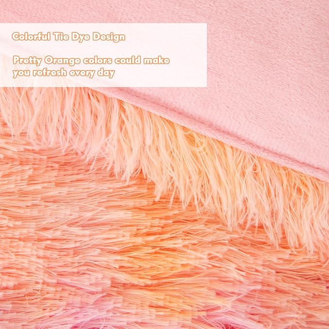 PERFEMET Orange Fluffy Comforter Queen Size 3 Pieces Colorful Faux Fur Shaggy Bedding Set Girls Teen Tie Dye Furry Bedding Ultra Soft Comfy Velvet Plush Bed Set(Orange Pink, Queen)