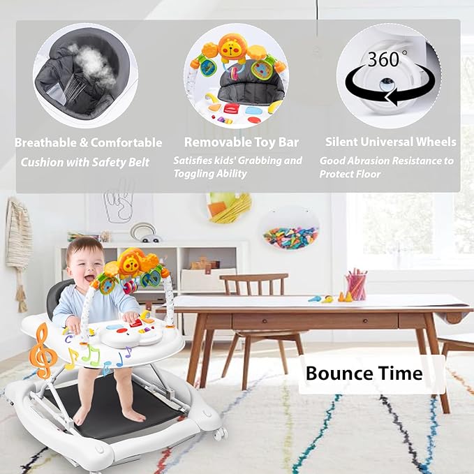 5-in-1 Baby Walker, Baby Walkers for Boys Girls 6-18 Months, Foldable Activity Walker, Toddler Infant Walker with Bouncer, Adjustable Height, Removable Footrest, Feeding Tray, Music