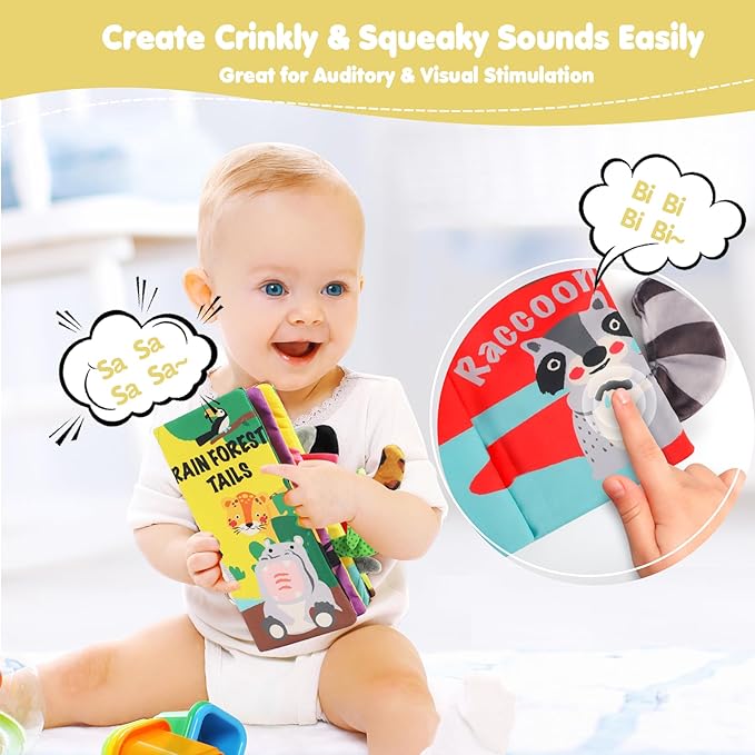 beiens Soft Toys Baby Cloth Books, Touch and Feel Crinkle Books for Babies, Infants & Toddler, Early Development Interactive Car Toys & Stroller Toys for Boys & Girls (Rainforest Tails-1 Book)