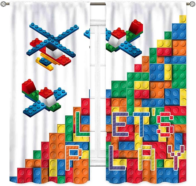 Building Blocks Curtains for Boys Room, Abstract Colorful Plastic Building Brick Blocks Geometric Helicopter Aircraft Pattern Window Drapes for Baby Bedroom Living Room, 42"x63" Inch