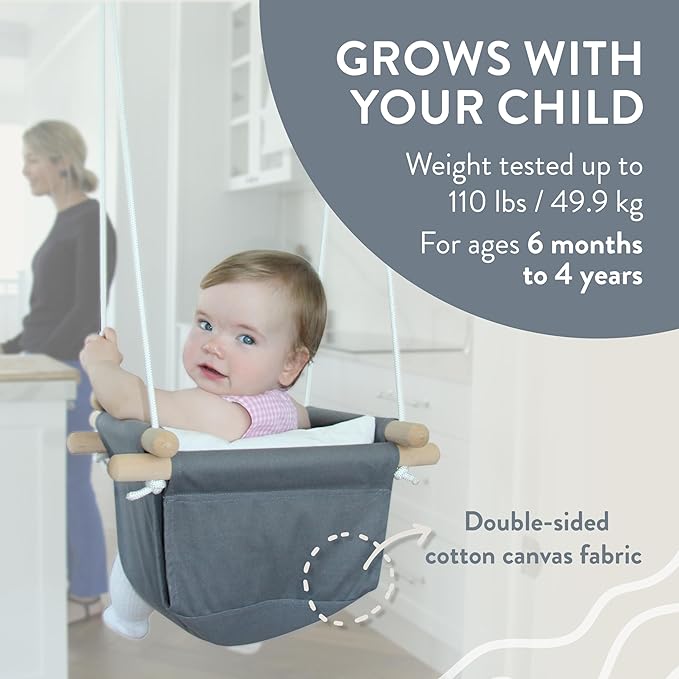 Monkey & Mouse Baby Swing, Grey White Indoor Outdoor Portable Hanging Chair - Infant & Toddler Kids 6 Months - 4 Years, Cotton Canvas & Beech Wood Frame, Sensory Hammock Boy & Girl Seat w/Wooden Toys