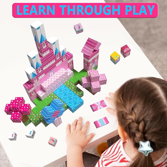 150PCS Magnetic Blocks, Magnet Building Cube Toy, Build 3D Pink Princess Castle Set for Girls, Montessori Sensory Toys for Kids, STEM Educational Toys, Christmas, Children's Day Gift for Boys & Girls