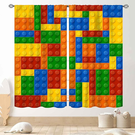 Building Blocks Curtains for Boys Room, Abstract Colorful Plastic Building Brick Blocks Geometric Printed Pattern Window Treatment Drapes for Kids Baby Bedroom Living Room, 63"x63" Inch