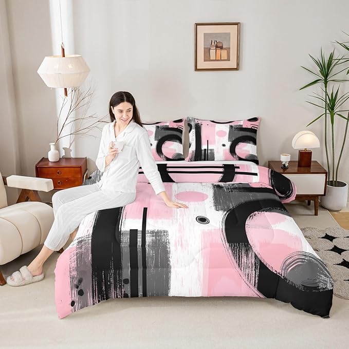 Feelyou Kids Abstract Art Comforter Set Toddler Size Geometric Bedding Set for Boys Girls Teens Bedroom Decor Geometric Pink Grey Black Comforter Women Men Modern Duvet Set with 1 Pillow Case