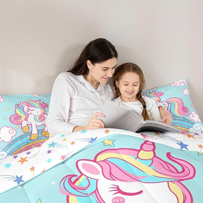 Feelyou Unicorn Bedding Twin,Star Print Rainbow Kids Comforter Sets for Girls Comforter Set,Cute Unicorn Duvet Quilt,Cute Animal Bedding Rainbow Bedroom Decor,Blue