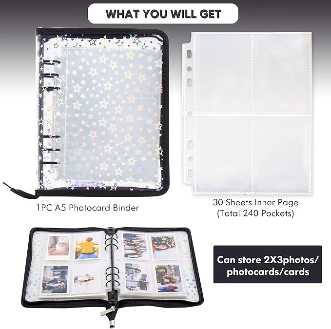 Kpop Photocard Binder Holder with 30 Pack 4-Pocket Inner Pages, A5 6 Ring Cover Album Book with Zipper for Organizing Trading Card (Black)
