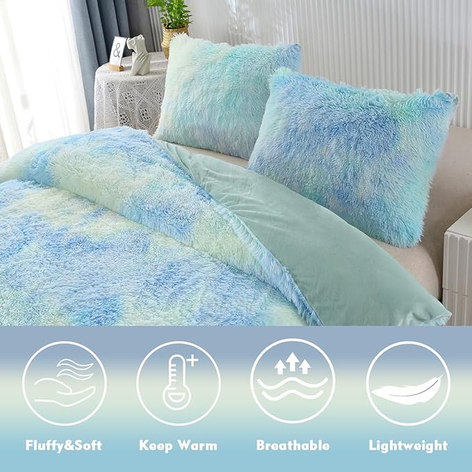 PERFEMET Long Faux Fur Shaggy Comforter Twin 3 Pcs Plush Fluffy Green Tie Dye Bedding Set for Girls Teens Soft Warm Fuzzy Furry Rainbow Bedding Comforter Set(Green, Twin)