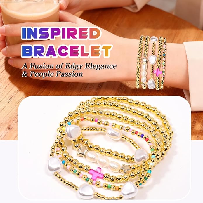 AICase for Korea-Pop Christian Gold Bracelets 5 Pcs Stackable Stretch Friendship Beaded Pearl Cross Bracelets k pop Costume Trendy Jewelry Gifts for Fans Women Birthday Christmas Stocking_63