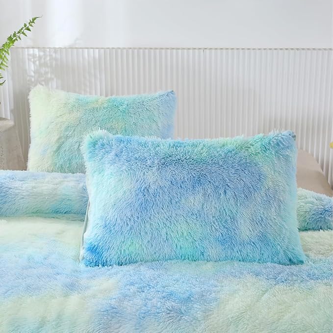 PERFEMET Long Faux Fur Shaggy Comforter Twin 3 Pcs Plush Fluffy Green Tie Dye Bedding Set for Girls Teens Soft Warm Fuzzy Furry Rainbow Bedding Comforter Set(Green, Twin)