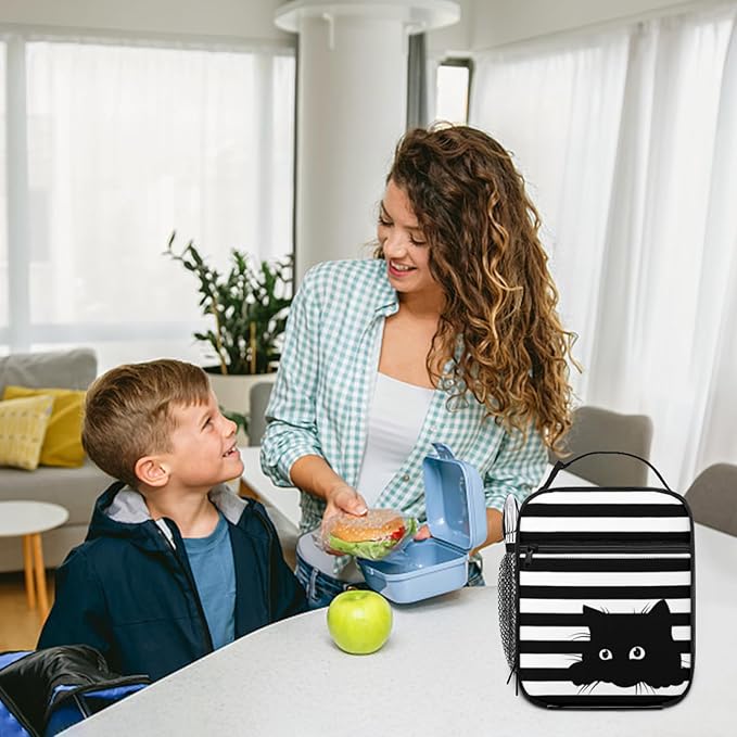 Cat Lunch Box Girls Boys Insulated Lunch Bag Reusable Lunchbox with Side Pocket,Black and White Striped Lunch Box for Girls Boys,Waterproof Lunch Tote Bag for Women Men Kids Work Office School Picnic