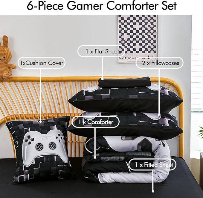 PERFEMET Boys Bedding Set Full Size 6-Piece Video Game Kids Bed in A Bag with Sheets Soft Comfy Black and White Game Console Comforter Set for Teen Girls(White, Full)