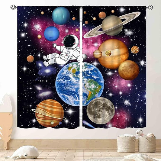 Galaxy Curtains for Bedroom, Solar System Universe Outer Space Planet Astronaut Blackout Window Drapery Treatments for Kids Boys Room Living Room Nursery Playroom 2 Panels, 63"x72" Inch