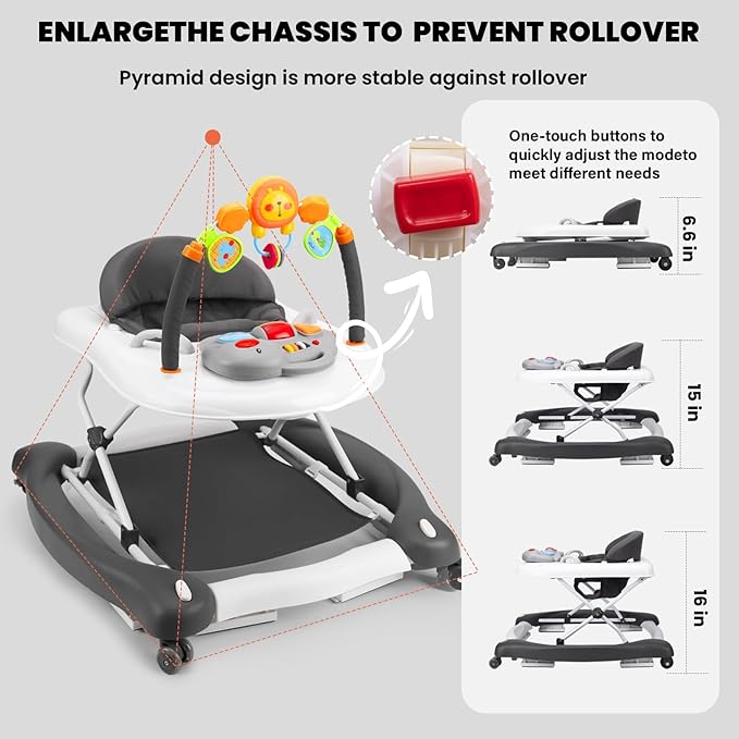 Baby Walker, 5-in-1 Baby Walkers for Boys and Girls 6-12 Months with Bouncer, Removable Footrest, Feeding Tray & Music, Foldable & Adjustable Activity Walker for 6-18 Months Toddler Infant