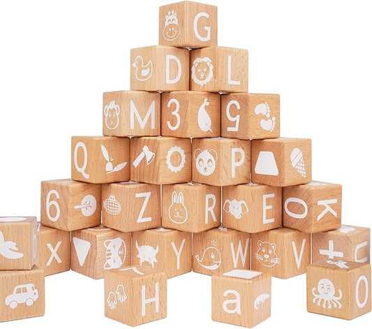 AXEARTE Alphabet Letters Stacking Blocks, 26 Wooden ABC Building Blocks for Toddlers, Number, Animals Icons on Every Side, Preschool Learning Educational Toys Montessori Sensory Toys for Kids