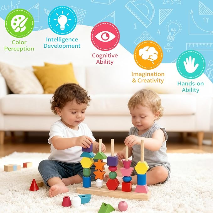 Montessori Toys for 2 3 4 Year Old, Wooden Beads Sequencing & Stacking Toy Set, Lacing Beads and Matching Shape Stacker, STEM Preschool Learning Toy Birthday Gift