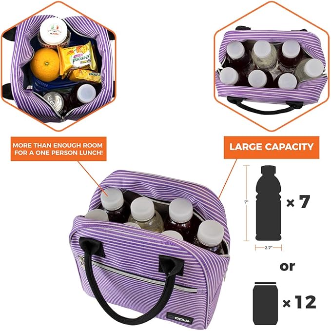 opux Lunch Box for Women, Insulated Lunch Bag Tote for Girls Kids Teen Adult, Cute Soft Cooler Container Work School, Reusable Thermal Food Meal Prep Organizer Pail Travel Beach, Purple Stripes