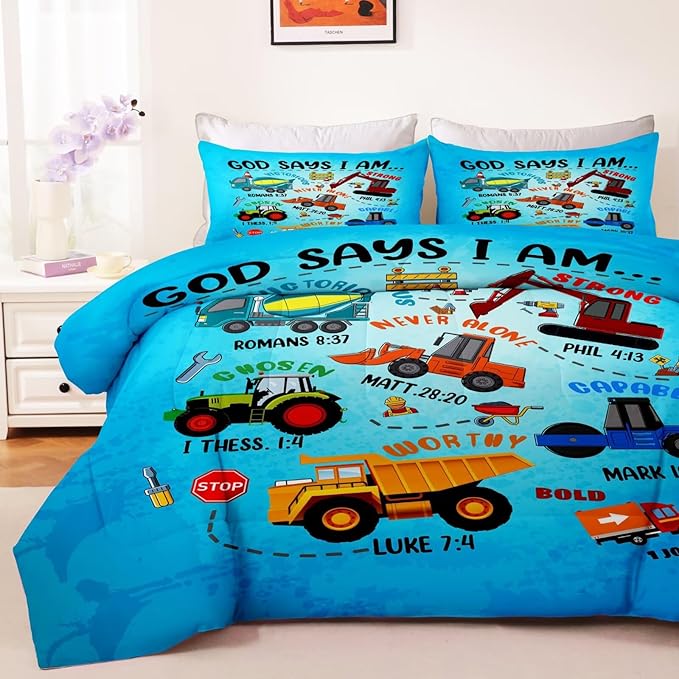 Boys Construction Vehicles Truck Comforter Set Twin,Christian Kids God Says I Am Construction Bedding Set,Car Excavator Tractor Bedroom Set（1 Comforter 2 Pillowcase） Blue