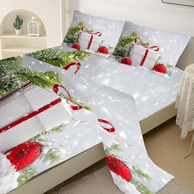 kxry Christmas Fitted Sheet Set Snow Scene Evergreen Bough Bedding Set Full Size for Girls Boys Kids Gift Box Red Balls 1 Fitted Sheet + 1 Flat Sheet + 2 Pillow Cases
