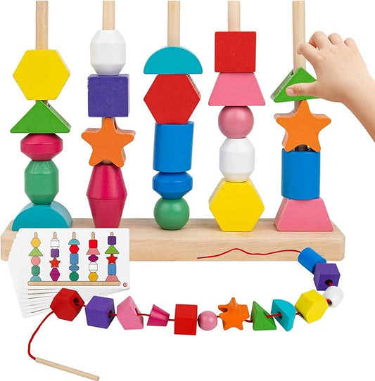 Montessori Toys for 2 3 4 Year Old, Wooden Beads Sequencing & Stacking Toy Set, Lacing Beads and Matching Shape Stacker, STEM Preschool Learning Toy Birthday Gift