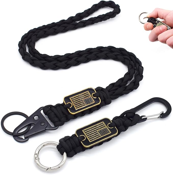Heavy Duty Braided Paracord Lanyard Keychain with USA Flag, Parachute Rope Necklace Keychains, Braided Strong Lanyard