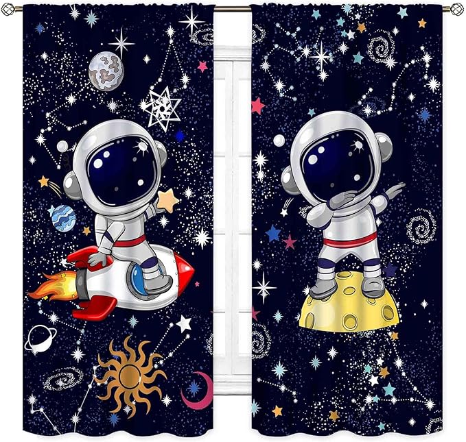 Galaxy Curtains, Cartoon Astronaut Universe Outer Space Star Planets Blackout Window Drapery Treatments for Kids Boys Bedroom Living Room Nursery Playroom 2 Panels, 42"x63" Inch