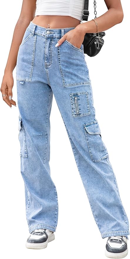 IVIR Cargo Pants Women High Waist Wide Leg Casual Pants with 7 Pockets Stretchy Drawstring Baggy Y2K Trousers