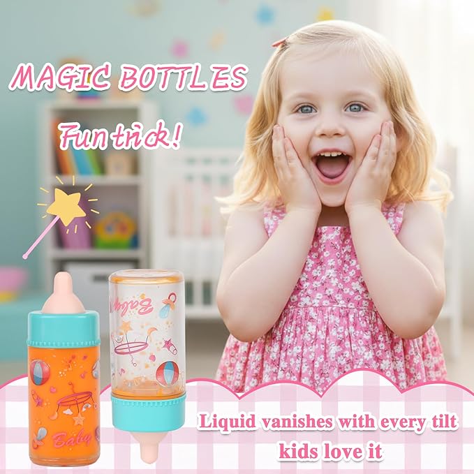 Baby Doll Accessories Set – 7 Pcs Feeding Bottle Toys, Magic Disappearing Milk & Juice, Pretend Play Set with Pacifiers, Reusable Bibs and Diapers, Kids Gift