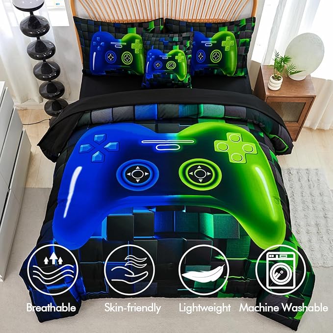 PERFEMET Gamer Comforter Queen Set 6 Pieces Blue and Green Game Console Boys Bedding Set with Sheets Soft Fluffy 3D Video Game Bed in a Bag for Kids Teen(Blue Green, Queen)