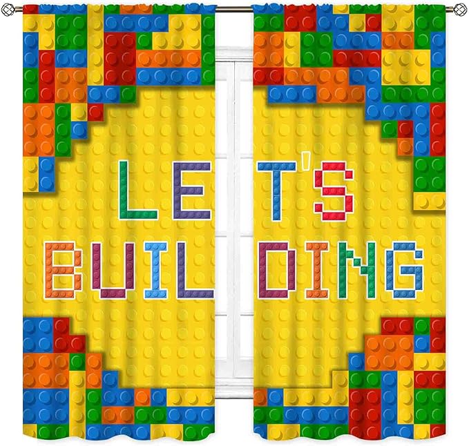 Building Blocks Curtains for Boys Room, Abstract Colorful Plastic Building Brick Blocks Geometric Printed Pattern Yellow Window Drapes for Kids Baby Bedroom Living Room, 84"x84" Inch