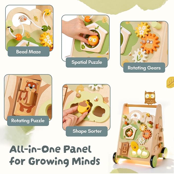 Wooden Baby Walker with Activity Center, Forest Themed Montessori Push Toy for Toddlers 1–3, Bead Maze, Shape Sorter, Gears, Puzzles & Fine-Motor Learning, Speed Adjustable Wood Walker for First Steps