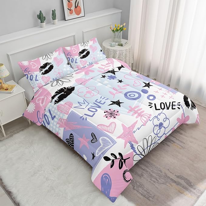 Kids Comforter Set Cute Doodles Printed Pattern Bedding Set with 1 Comforter and 2 Pillowcases for Girls Boys Bedroom All Season(Cute Doodles Twin)