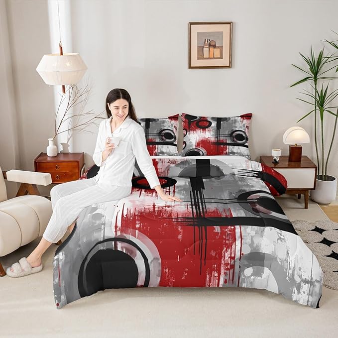 Feelyou Kids Abstract Comforter Set Twin Size Modern Art Bedding Set for Boys Girls Teens Bedroom Decor Geometric Comforter Women Men Geometric Red Black Duvet Set with 1 Pillow Case