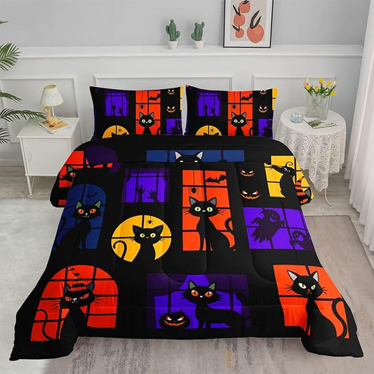 Black Cat Comforter Set Cute Animal Printed Bedding Set with 1 Comforter and 2 Pillowcases for Boys and Girls Bedroom All Season(Cat-2 Queen)