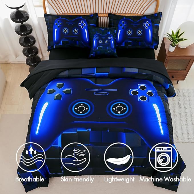 PERFEMET Twin Size Bed in A Bag 6 Pieces Gaming Bedding Set for Boys Blue Gamer Comforter with Sheet Set for Kids Teen Cool Video Game Black Quilt Bedding Set(Blue, Twin)